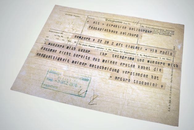 Telegramm von Arturo Toscanini 1938